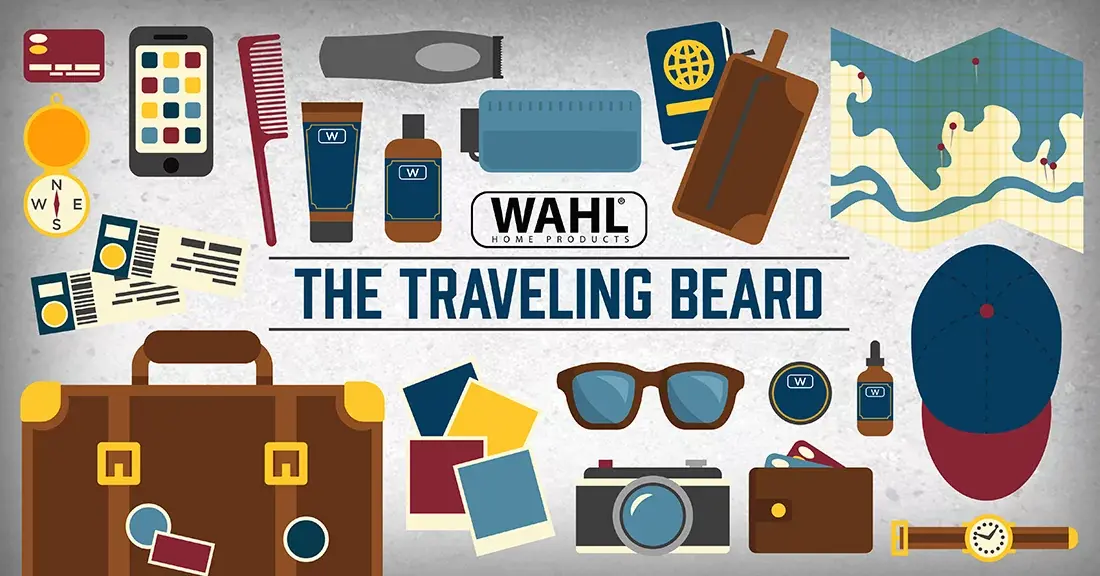 Collage of traveling essentials that reads "the traveling beard." 
